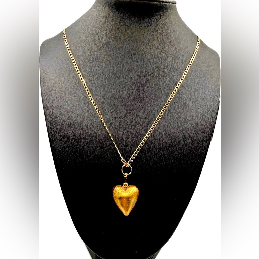 Gold Murano Heart & Red Crystal Pendant W/Gold Plated Necklace